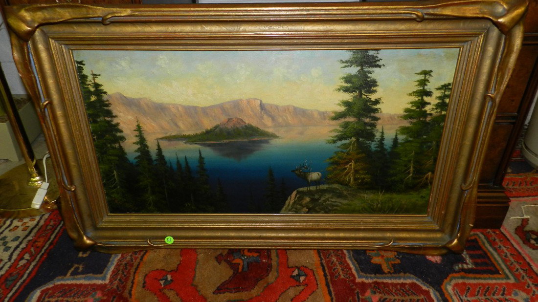 amazing antique oil painting of Crater Lake, by Ne: amazing antique oil painting of Crater Lake, by Newman, heavy batwing frame, great colors,