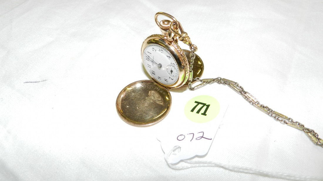 antique 14KT gold pocket watch hunters case (stamp: see title