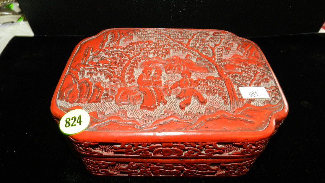 vintage asian cinnabar carved dresser box: see title