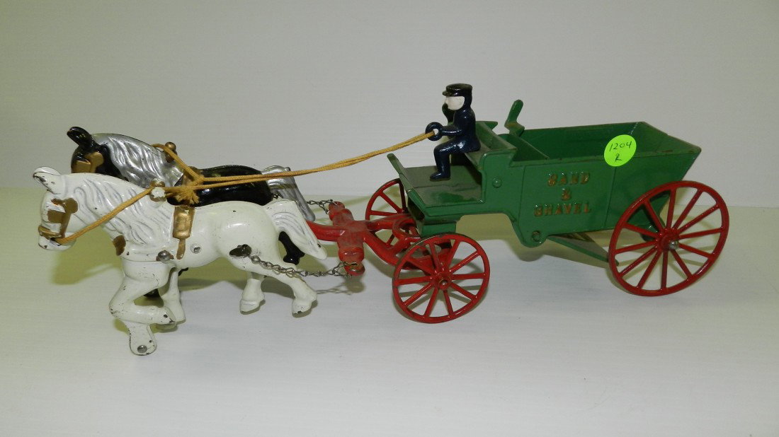 cast iron toy horse and wagon "Sand & Gravel toy: cast iron toy horse and wagon "Sand & Gravel toy with driver