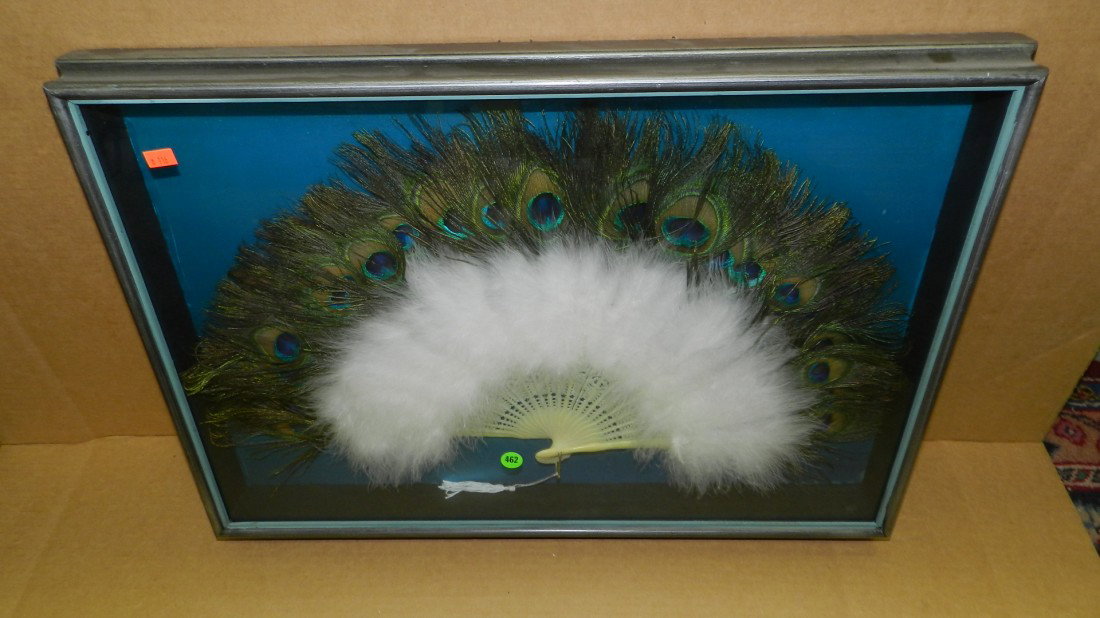 beautiful handmade peacock feather vintage fan, in: beautiful handmade peacock feather vintage fan, in shadow box frame, 1 of several from this estate