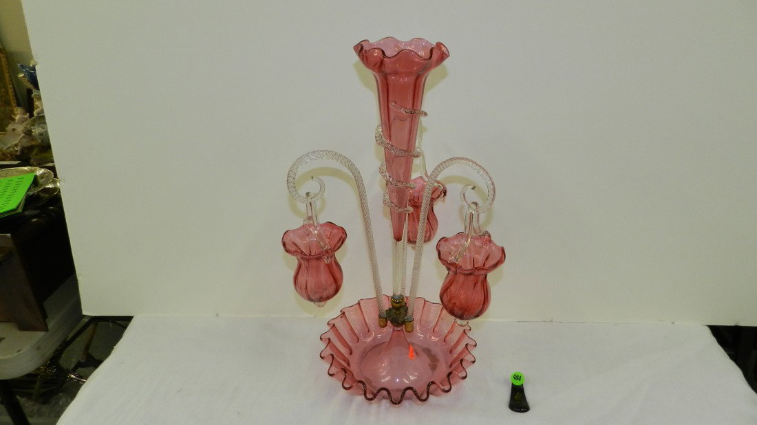 stunning Victorian epergne 3 arm vase with bowl on: stunning Victorian epergne 3 arm vase with bowl on metal stand