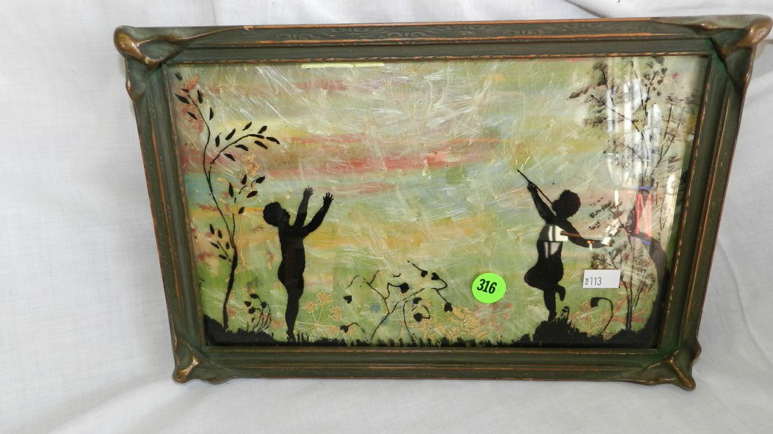 vintage framed silhouette of two childern: vintage framed silhouette of two childern