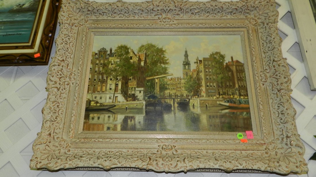 vintage oil painting on canvas by H Lea Hoven, Ita: vintage oil painting on canvas by H Lea Hoven, Italian scene, thick ornate frame