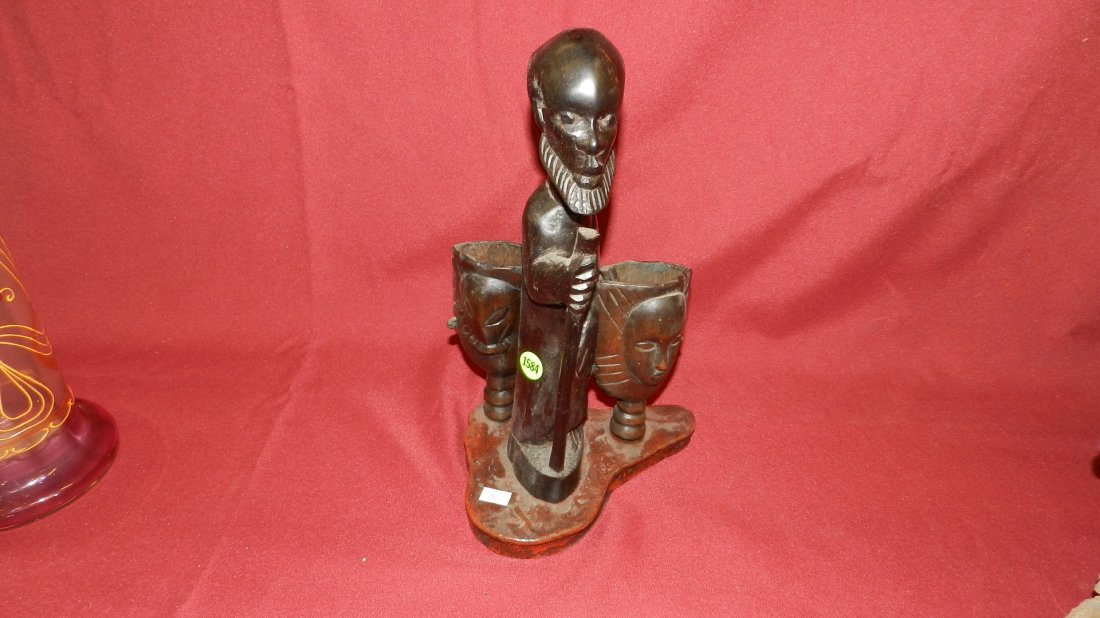 unique African carved figure of old man with two
