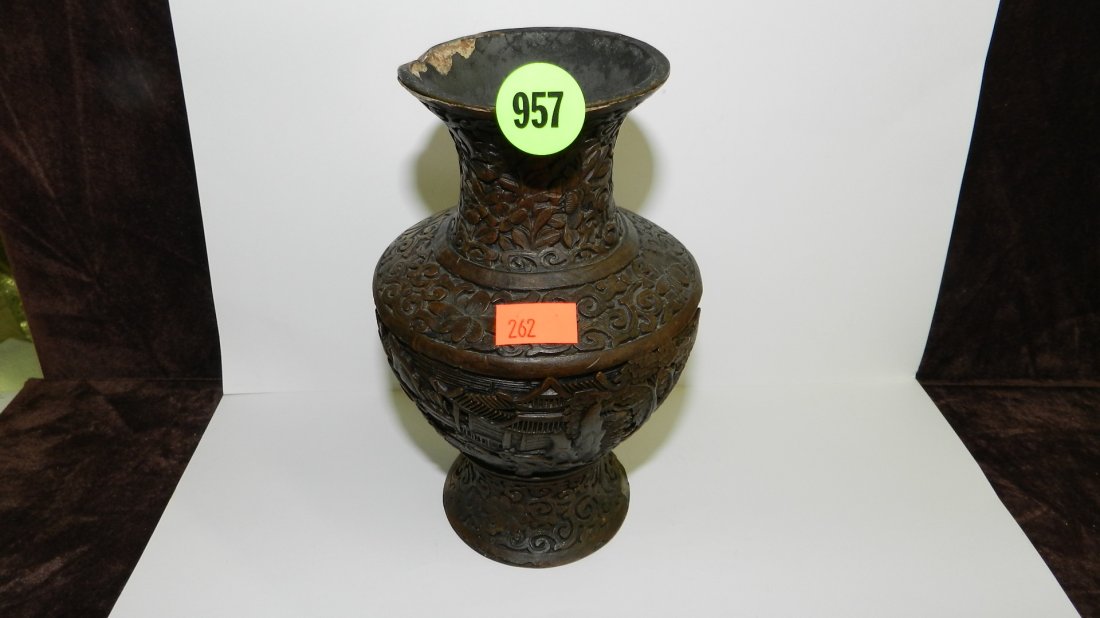 Chinese vase, brown cinnabar, finely carved contin: Chinese vase, brown cinnabar, finely carved continuous scene, shallow nick and dent to upper rim