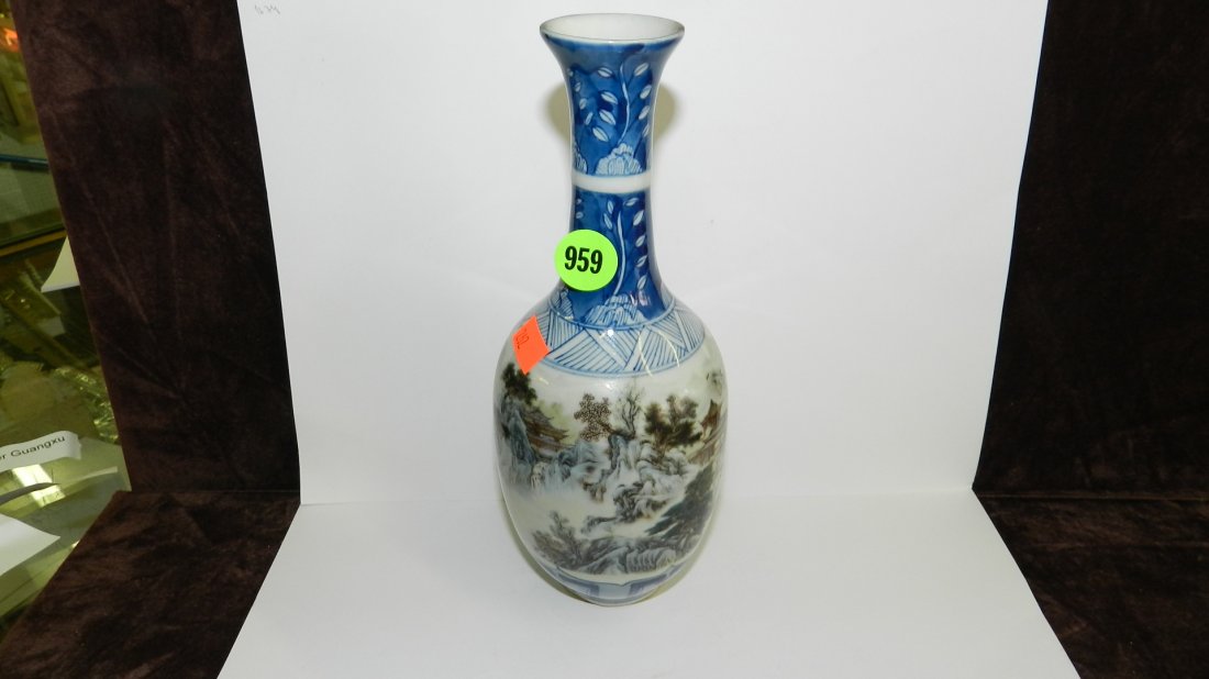 Chinese vase, under glaze blue with continuous mou: Chinese vase, under glaze blue with continuous mountain scene signed, makers mark to base 8"