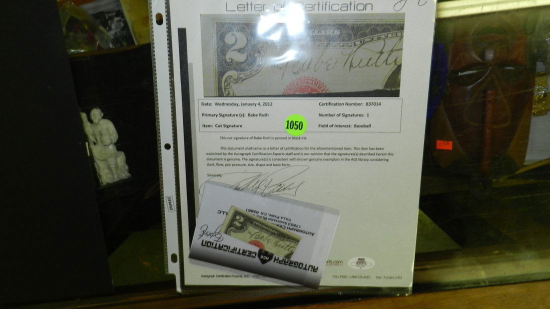signed 2 dollar bill corner by baseballs great Ba: signed 2 dollar bill corner by baseballs great Babe Ruth with letter of certification