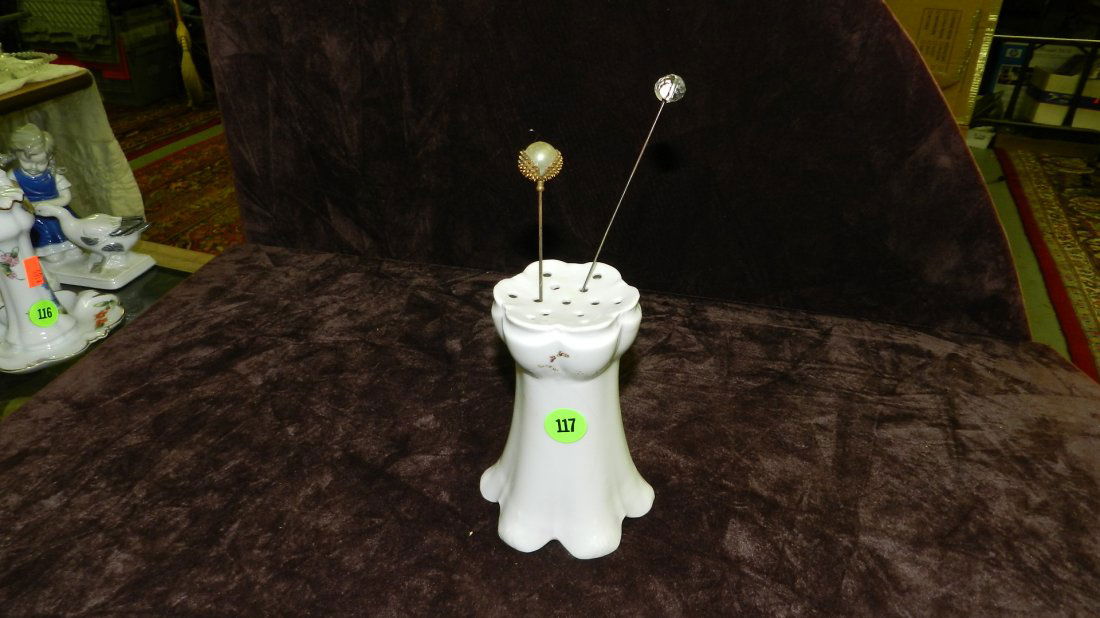vintage (porcelain) painted hat pin holder with ha: vintage (porcelain) painted hat pin holder with hat pins, as seen