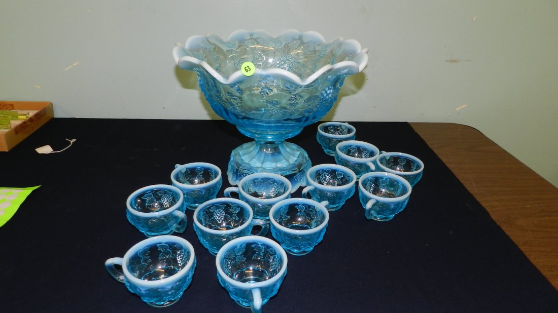 63 wonderful blue opalescent Fenton? glass punch bowl