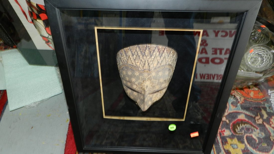 unique carved? mask in shadow box display case: unique carved? mask in shadow box display case
