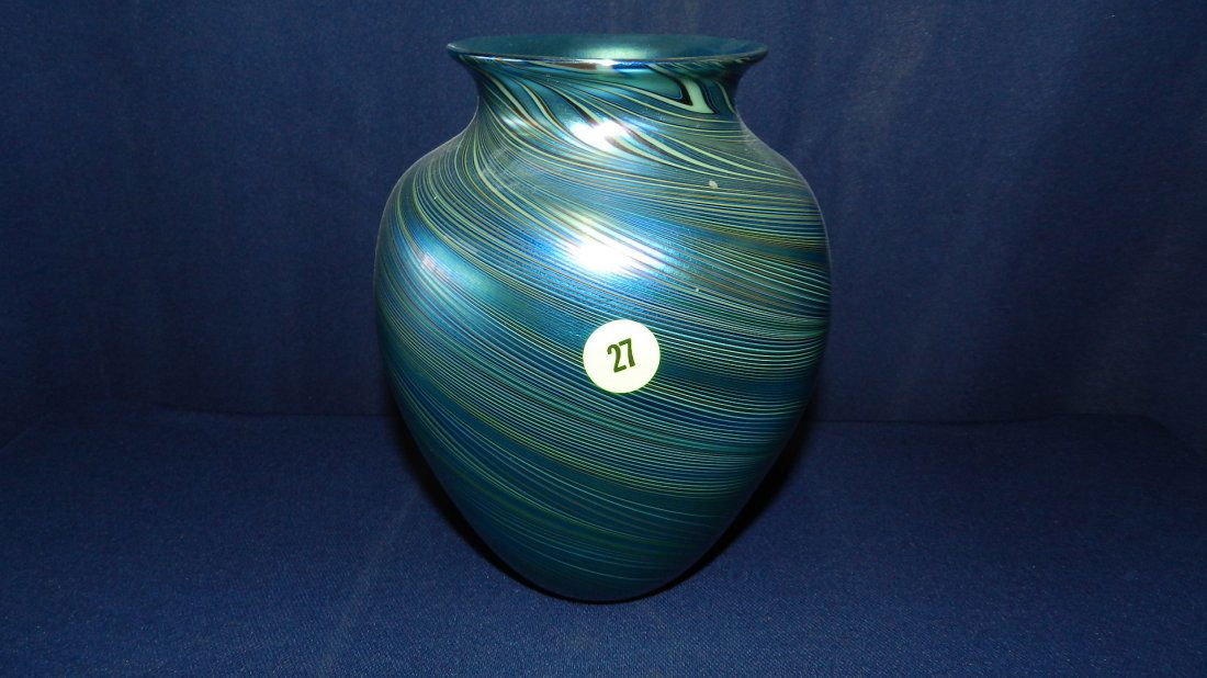 Orient & Flume blue Iridescent Pulled Pattern Vase: Orient & Flume blue Iridescent Pulled Pattern Vase