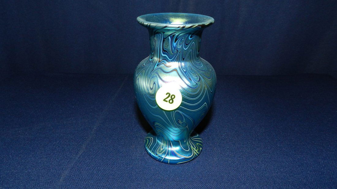 Orient & Flume blue Iridescent Pulled Pattern Vase: Orient & Flume blue Iridescent Pulled Pattern Vase