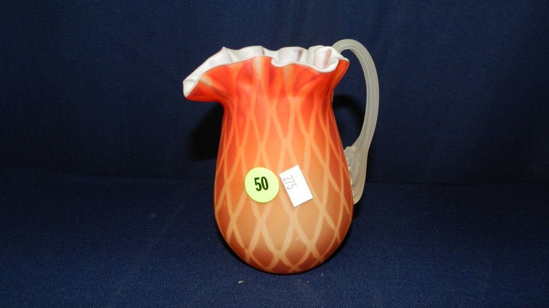 wonderful blown glass Fenton? Webb? pitcher with ap: wonderful blown glass Fenton? Webb? pitcher with applied handle & quilt / diamond design THOMAS WEBB PEACHBLOW MOTHER-OF-PEARL DIAMOND QUILTED SATIN CASED GLASS...more