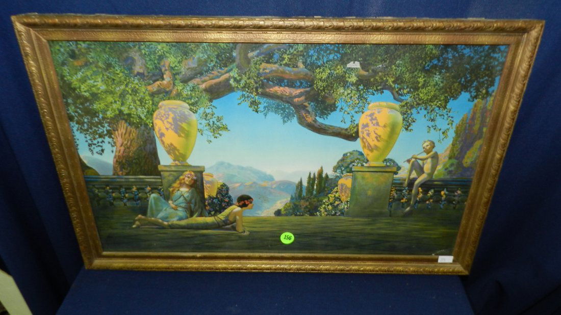 vintage Arts & Crafts era Maxfield Parrish (style): vintage Arts & Crafts era Maxfield Parrish (style) lady & garden print