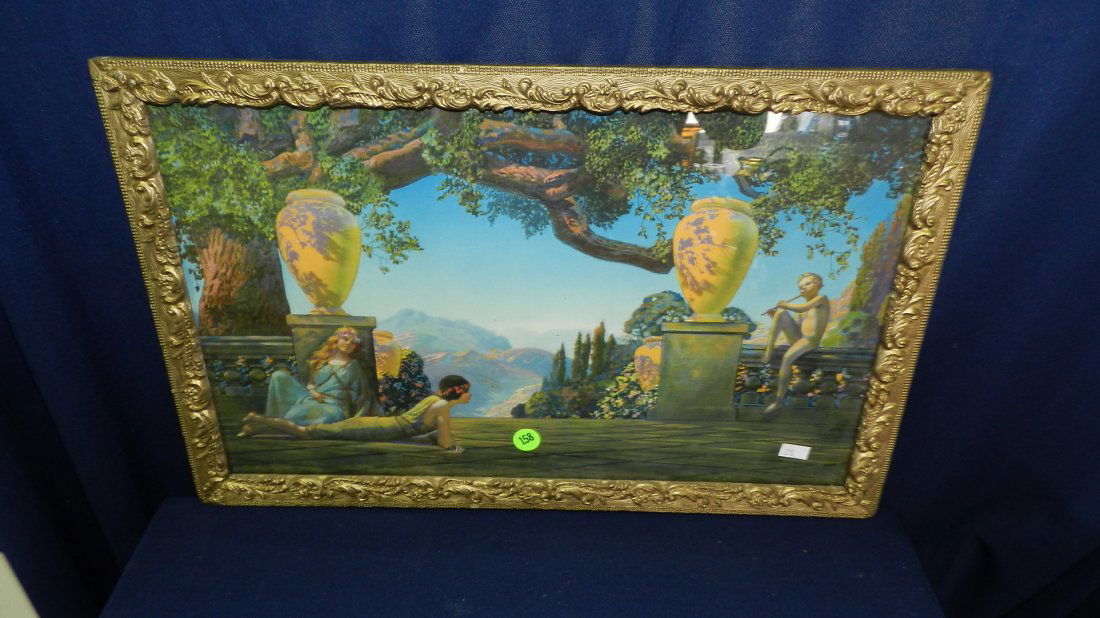vintage Arts & Crafts era Maxfield Parrish (style): vintage Arts & Crafts era Maxfield Parrish (style) lady & garden print 12 x 19 1/2 art 10 1/2 17 1/2 c275