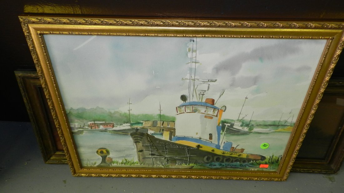 watercolor by listed artist Olive Malstrom Carl (1: watercolor by listed artist Olive Malstrom Carl (1903 - 1988) tug boat Born in Tacoma, Washington, Olive Carl was a painter in oil and watercolor of landscapes, seascapes, marines, still lifes, portra