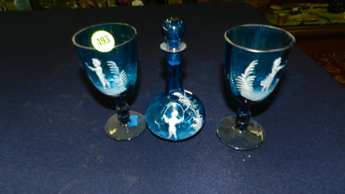 3 piece painted mary gregory glasses & curet: 3 piece painted mary gregory glasses & curet