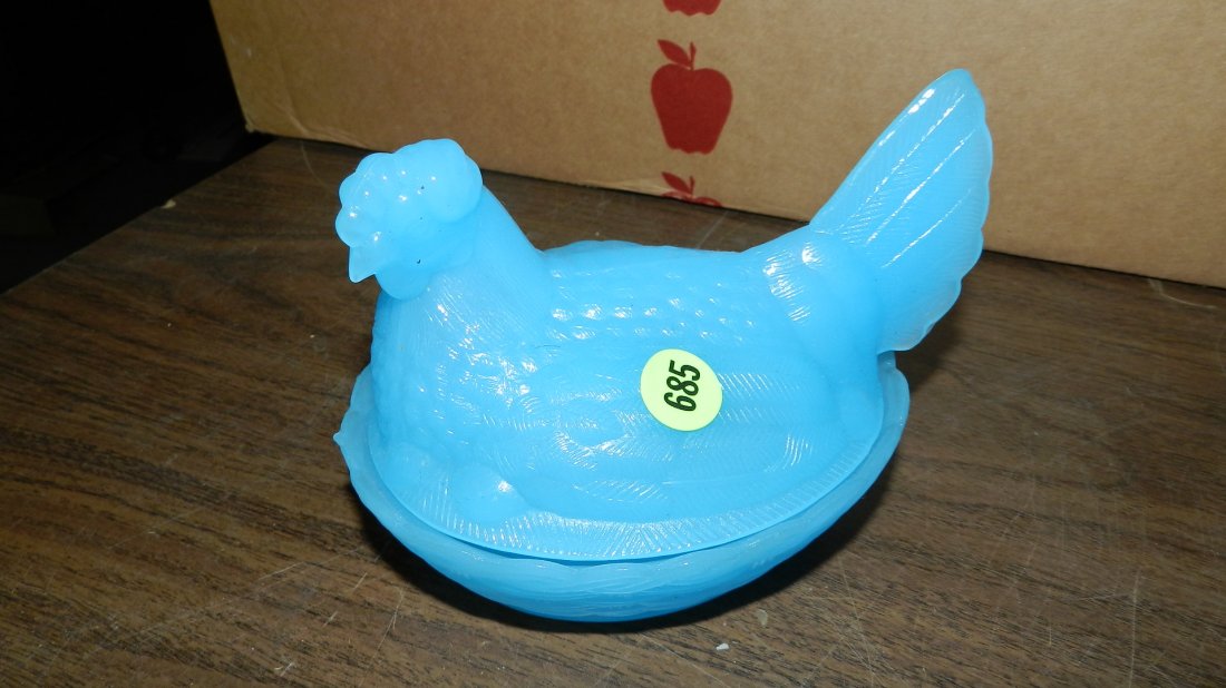 blue glass hen on nest: blue glass hen on nest