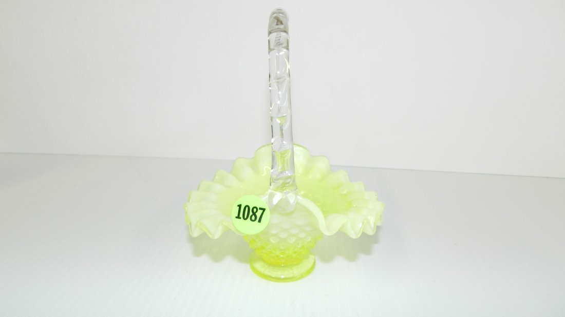 nice Fenton Vaseline hobnail basket cond VG 6 1/2: nice Fenton Vaseline hobnail basket cond VG 6 1/2