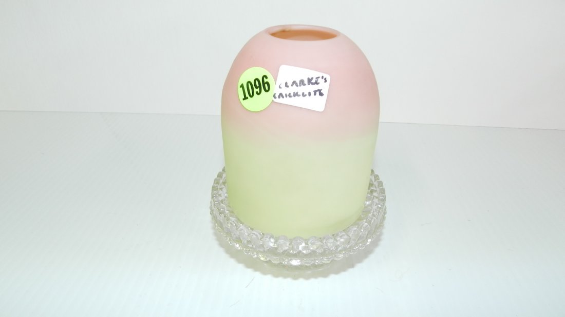 nice Fenton Burmese fairy lamp top on crystal bas: nice Fenton Burmese fairy lamp top on crystal base, cond VG 5 1/4
