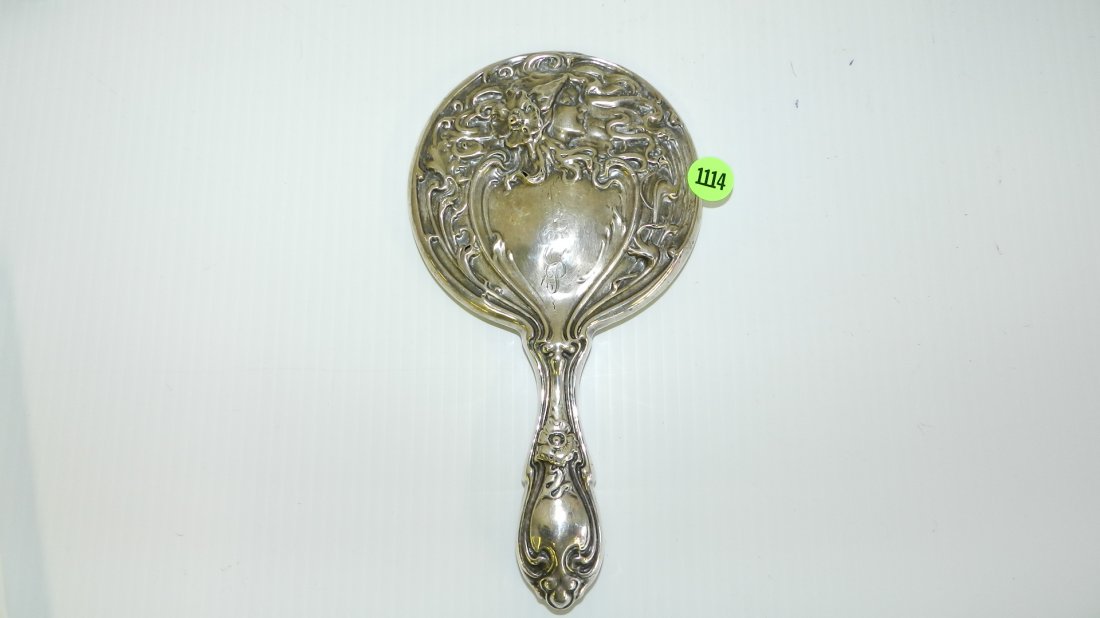 lovely sterling? art nuvou lady face with flowing: lovely sterling? art nuvou lady face with flowing hair hand mirror, mirro loose, dents, can't find