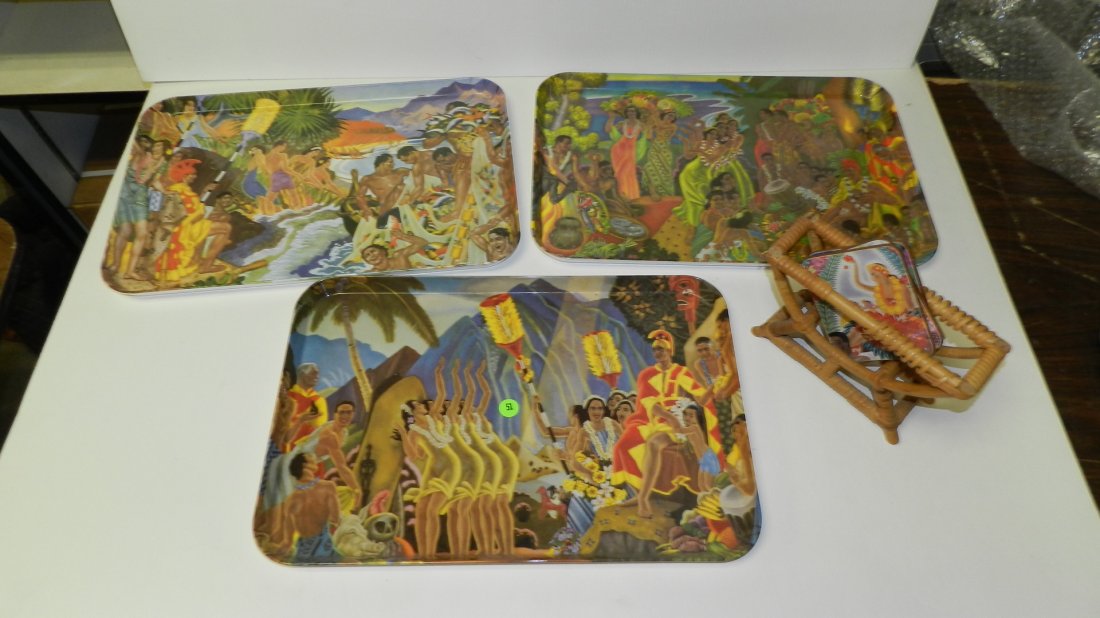 group of mid century Hawaiian trays and coasters: group of mid century Hawaiian trays and coasters
