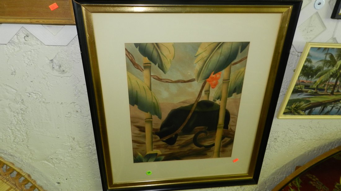 wonderful signed mid century Hawaiian watercolor o: wonderful signed mid century Hawaiian watercolor of panther