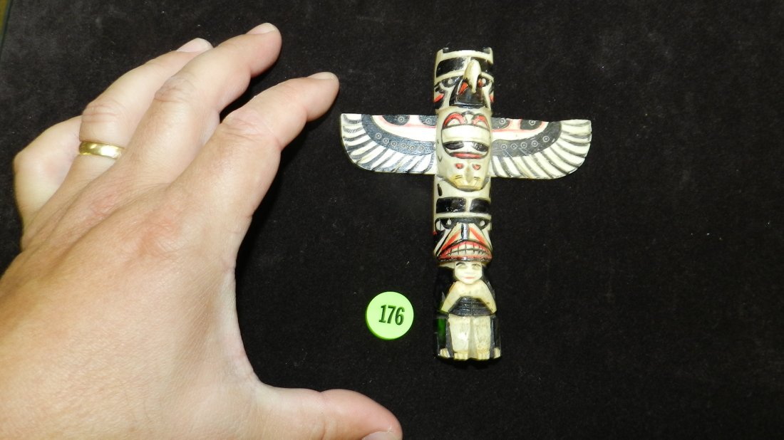 small carved Ivory totem pole, painted : small carved Ivory totem pole, painted