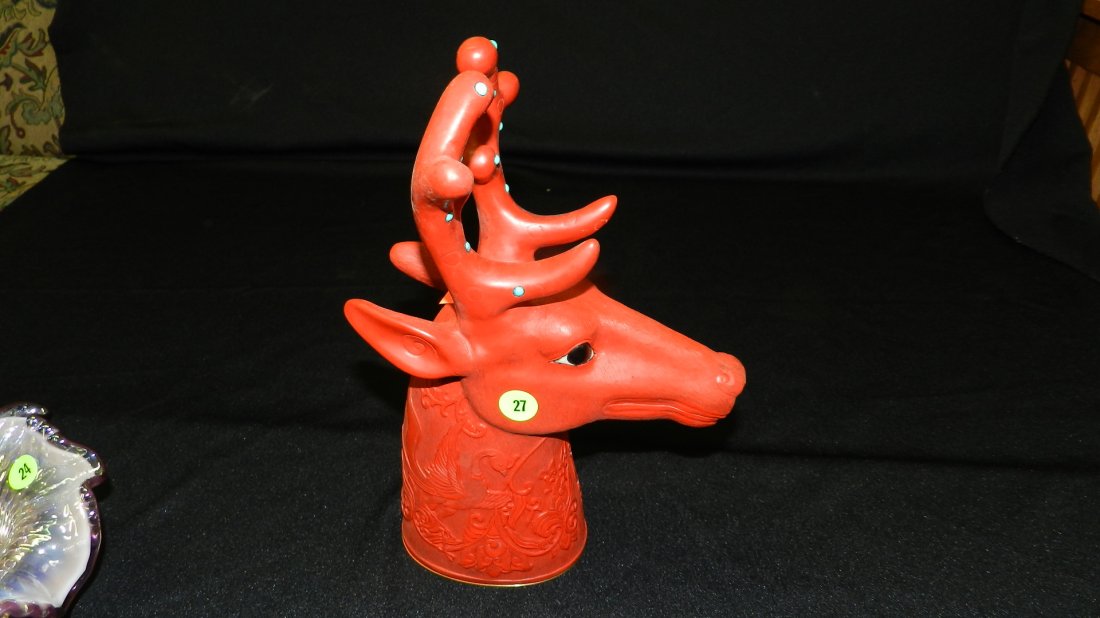 Asian cinnabar deer head vessel base comes off for: Asian cinnabar deer head vessel base comes off for storage, 11 1/2