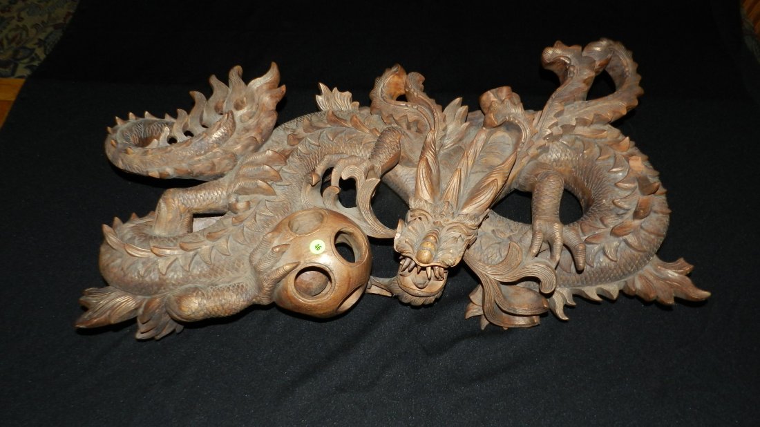 outstanding deeply carved Asian wood fierce dragon: outstanding deeply carved Asian wood fierce dragon with puzzle ball SSR very large