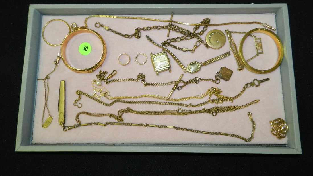 great tray of estate jewelry with several gold plat: great tray of estate jewelry with several gold plated watch fob chains, lockets