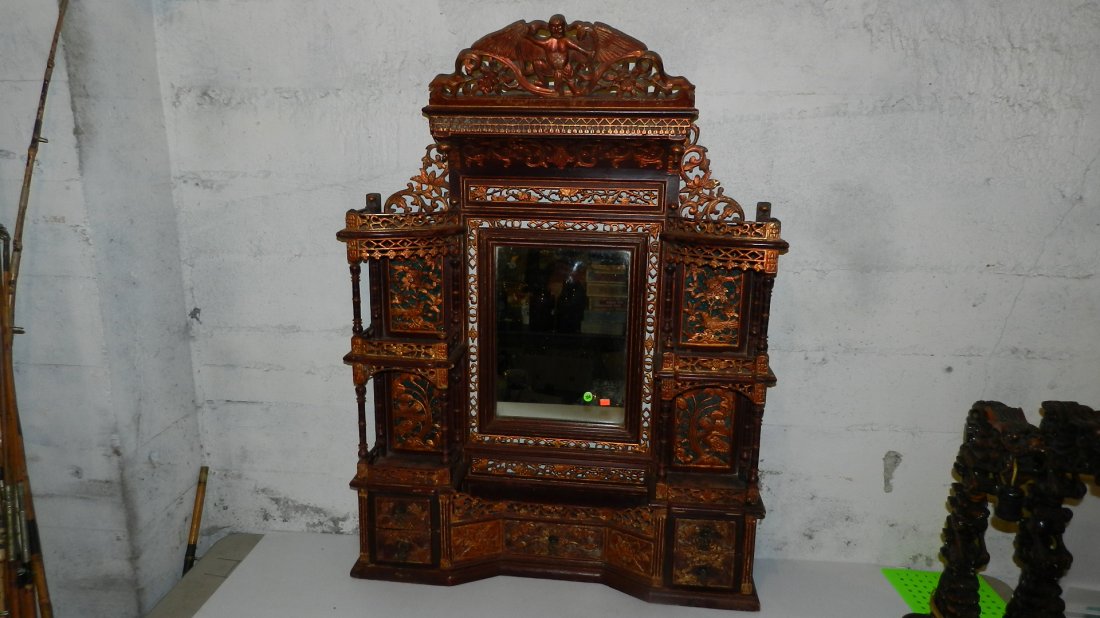 stunnin antique hand carved Asian (Chinese) temple styl: stunnin antique hand carved Asian (Chinese) temple style mirror with carved winged figure (Demon?) crest, giltwood, with drawers late Qing period, cond VG 46x34 SSR