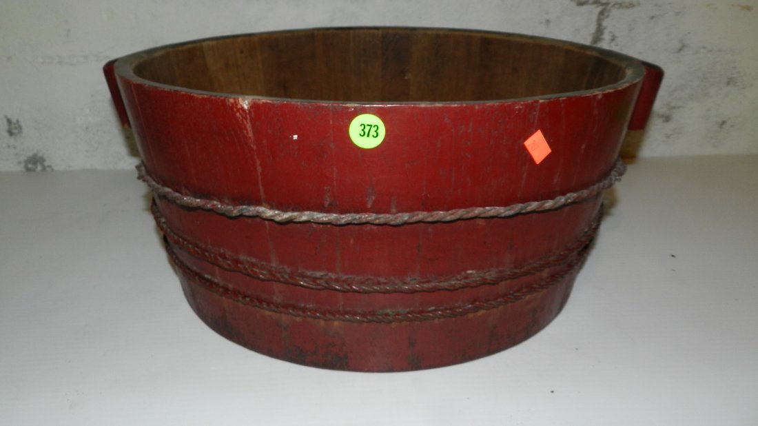 antique red lacquer wooden water tub, wire wrapped, 100: antique red lacquer wooden water tub, wire wrapped, 100+ years old, late Qing, cond VG 8 x 17