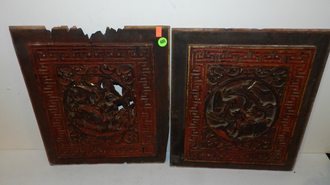 2 piece antique wood carved panels (from bed / cabinet): 2 piece antique wood carved panels (from bed / cabinet) great as wall art, with animal scenes, cond Fair, loss, 14x13