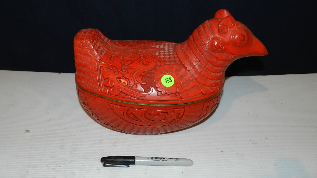 Asian cinnabar duck container, cond VG: Asian cinnabar duck container, cond VG