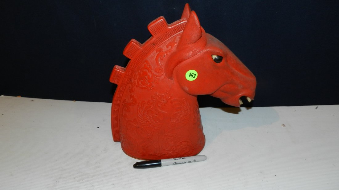 large Asian cinnabar carved horse (Tang) container, con: large Asian cinnabar carved horse (Tang) container, cond VG