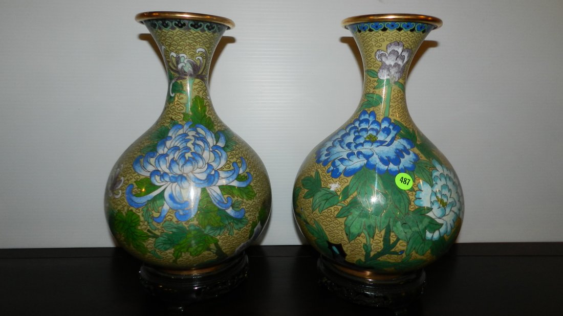 nice large matching pair of Chinese Cloisonne vases flo: nice large matching pair of Chinese Cloisonne vases floral design, on stands cond VG