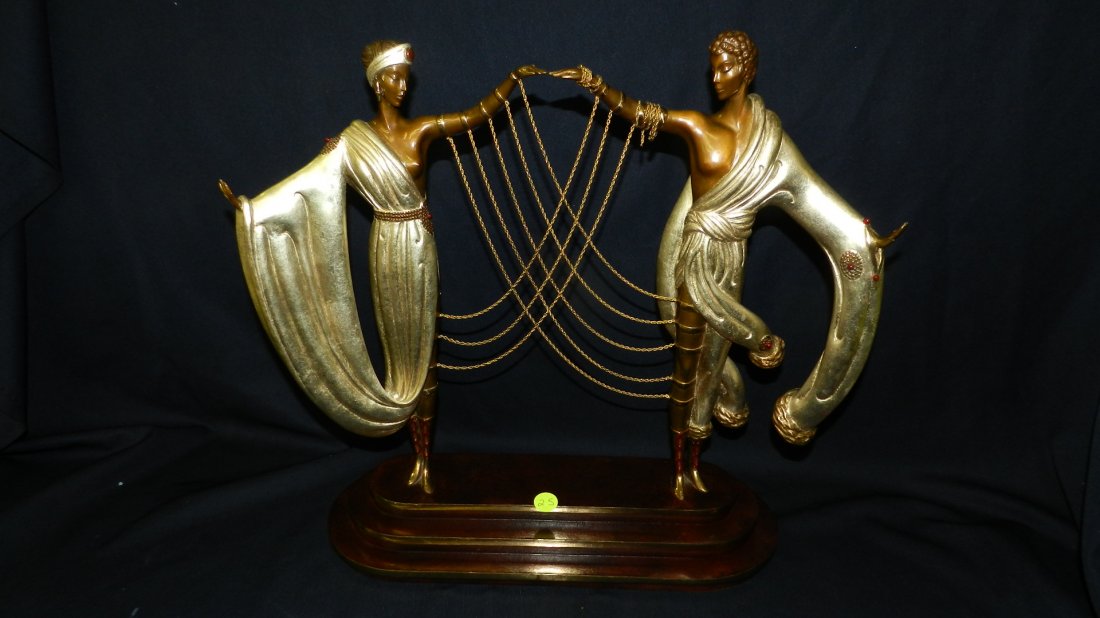 great Erte bronze of couple dancing, 338 / 375 Fine Art: great Erte bronze of couple dancing, 338 / 375 Fine Art Acquisitions, 1986, bronze signed erte, cond VG only 2 chains unhooked (not broken still on arm) 16 1/2 x 18