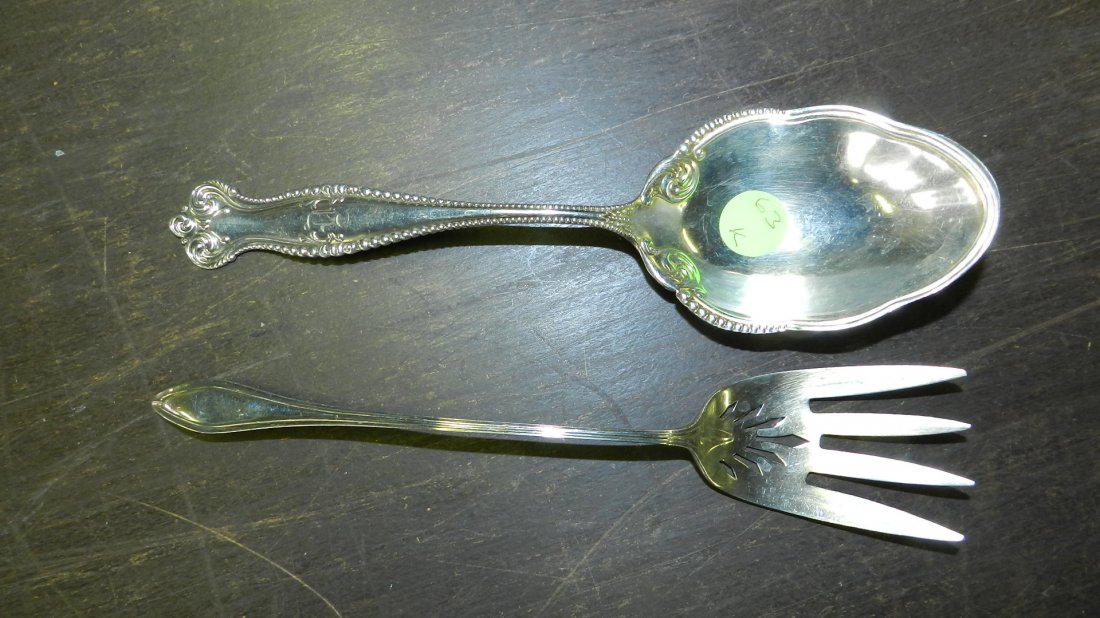 2 piece large sterling (stamped) serving spoon and fork: 2 piece large sterling (stamped) serving spoon and fork utensils, cond VG total weight (both together) 122 grams