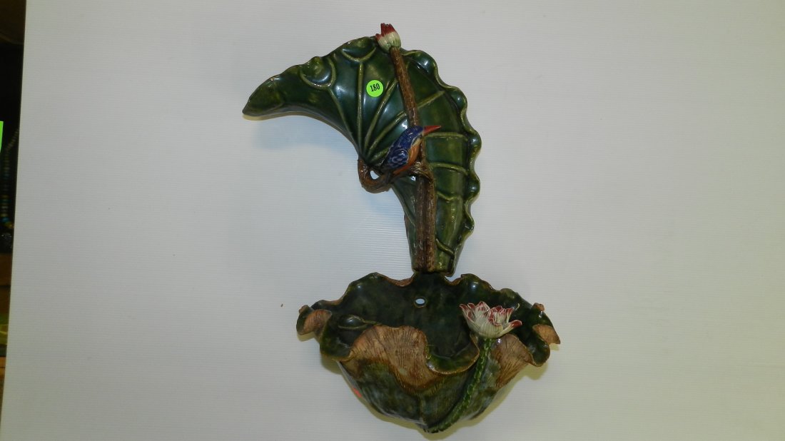 2 piece Asian (stamped mark) majolica style fountain wi: 2 piece Asian (stamped mark) majolica style fountain with bird and flowers cond VG 18x12