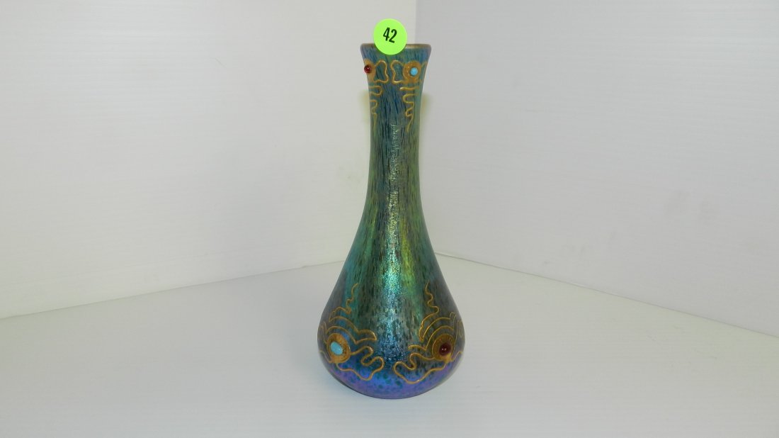 stunning Loetz (unsigned) art glass vase with hand pain: stunning Loetz (unsigned) art glass vase with hand painted decor, and added jewels, cond VG 9"