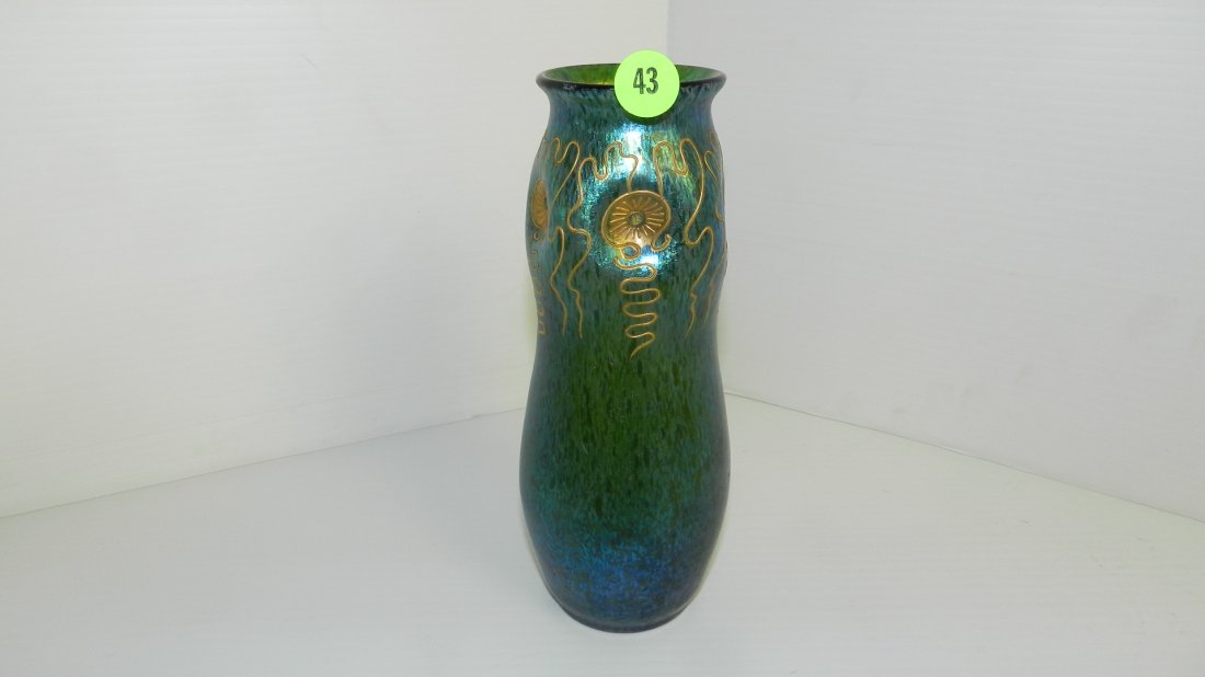 stunning Loetz (unsigned) art glass vase with hand pain: stunning Loetz (unsigned) art glass vase with hand painted decor, and no added jewels, cond VG 8 1/2