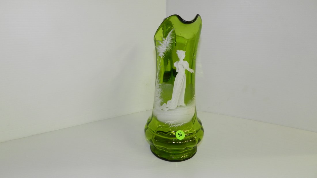 lovely green hand painted Mary Gregory bohemian glass p: lovely green hand painted Mary Gregory bohemian glass pitcher, young lady, cond VG, line by handle? 12"