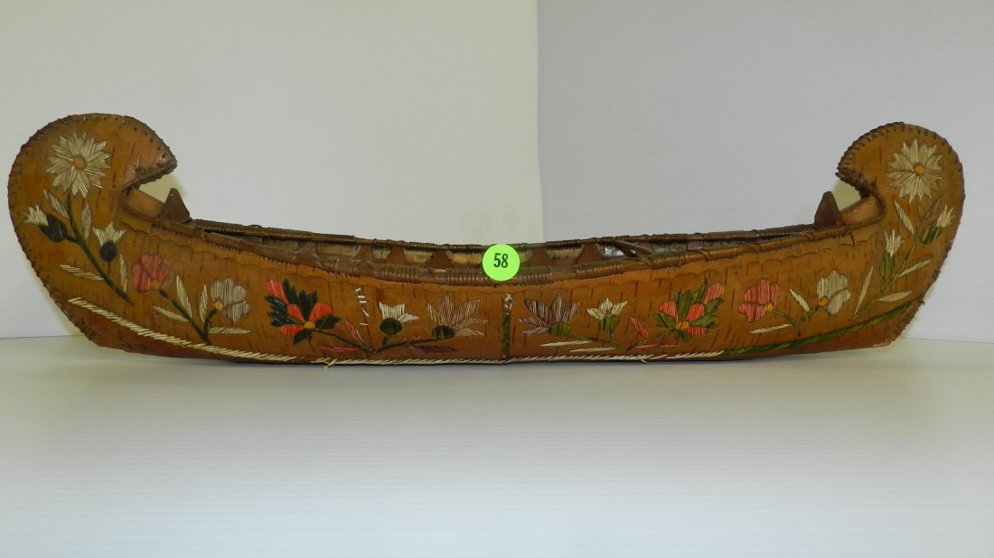 amazing Native American handmade bark canoe with porcup: amazing Native American handmade bark canoe with porcupine colored quills,cedar lined from museum 6 x 23 1/2 x 6 3/4