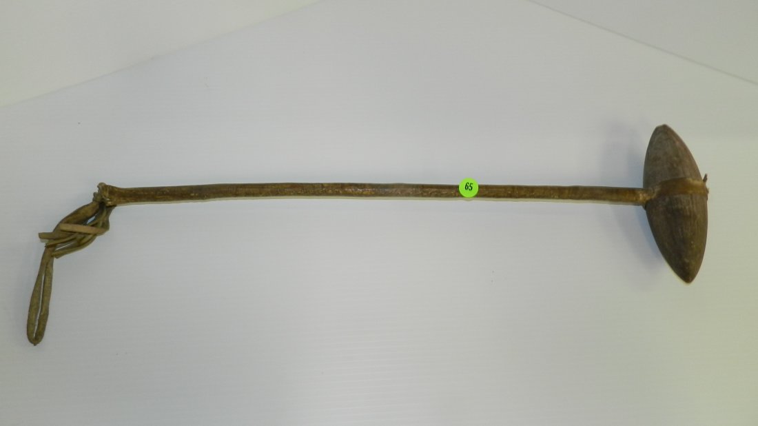 Original condition Native American sinew sewn hide wrap: Original condition Native American sinew sewn hide wrapped horseback stone war club 23 x 6 3/4