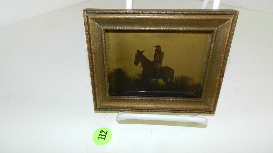 unique mini E. Curtis (repro) goldtone photo on glass t: unique mini E. Curtis (repro) goldtone photo on glass titled "Apache Scout"