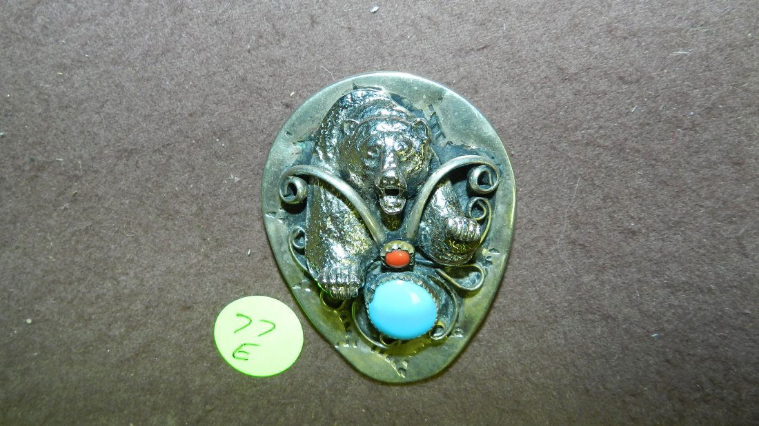 amazing Native American sterling silver? and turquoise: amazing Native American sterling silver? and turquoise & coral signed tie bolo with 3-D bear figure.