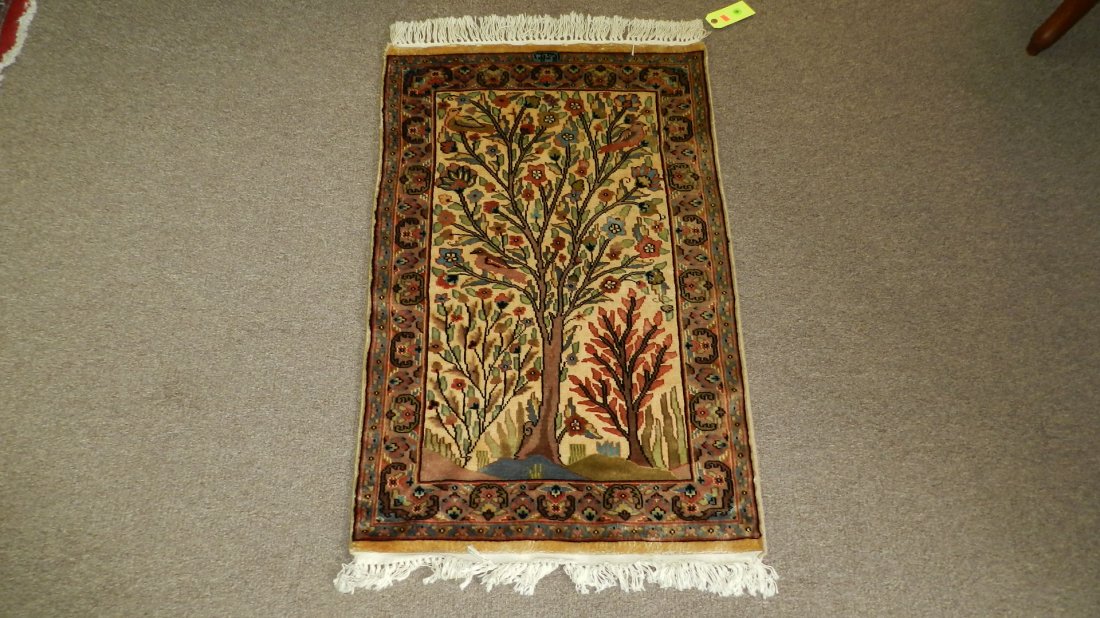 Wonderful Vintage silk and wool hand tied, fine knotted: Wonderful Vintage silk and wool hand tied, fine knotted, persian prayer rug, with tree of life design, artist signed. Great sheen & condition. Family purchased & hand carried back on plane. With fring