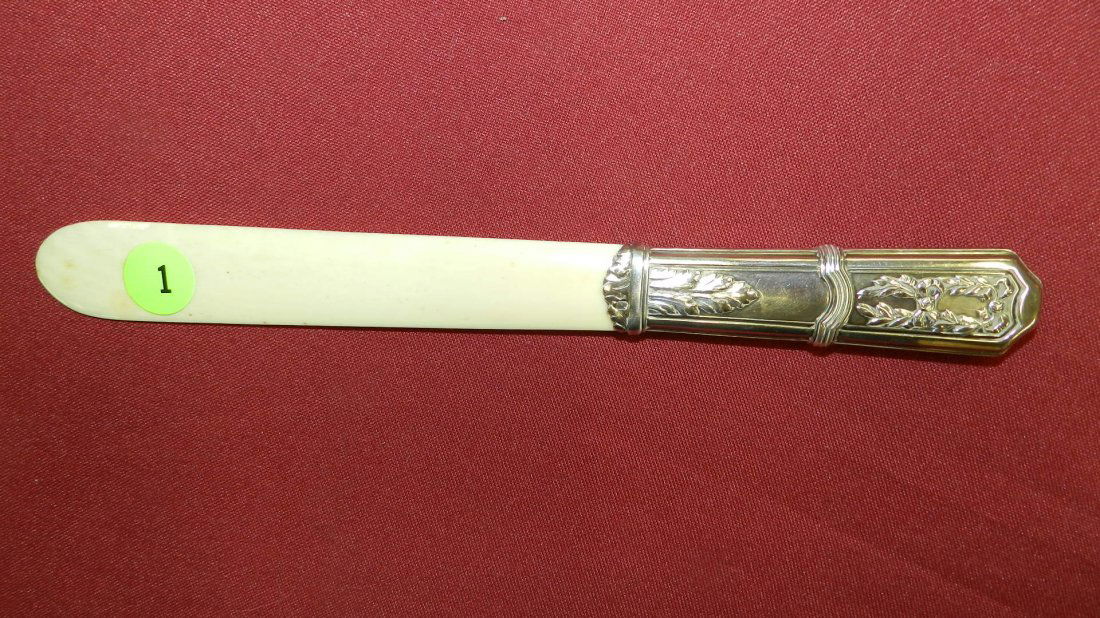 Antique, early 1800's, Sterling and Ivory letter opener: Antique, early 1800's, Sterling and Ivory letter opener. Handle has several hallmarks. Cond VG 10"